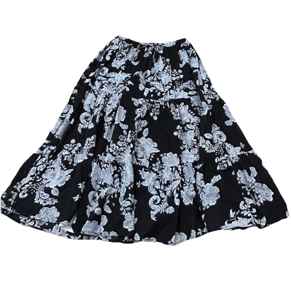 Whimsigoth Tiered Maxi Skirt Black Floral Cotton Cottagecore Dark Academia PS -